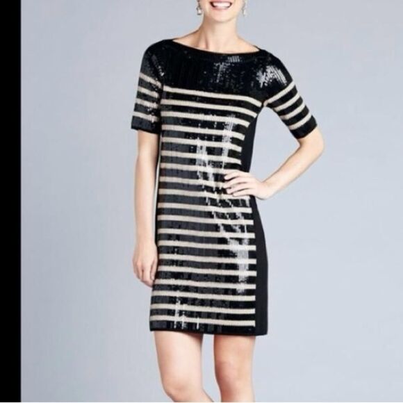 Per Se Wool Black Tan Stripe Sequin Shift Dress Small Cocktail Party Holiday - Picture 1 of 8